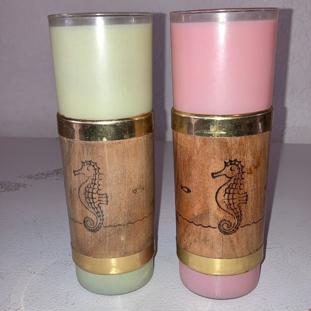 Libbey Palm Royale Tall MCM Frosted Glasses W/ Wood Tiki Bands Gold Pink Green